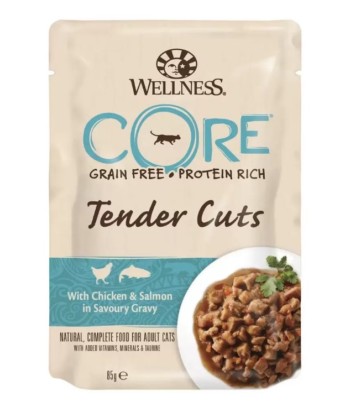 Влажный корм для кошек Wellness CORE Tender Cuts, курица и лосось в пикантном соусе, 85 гр