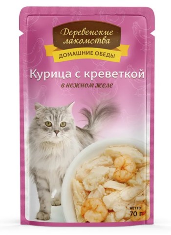 Корм для кошек Деревенские лакомства филе курица-креветка желе пауч, 70 гр.